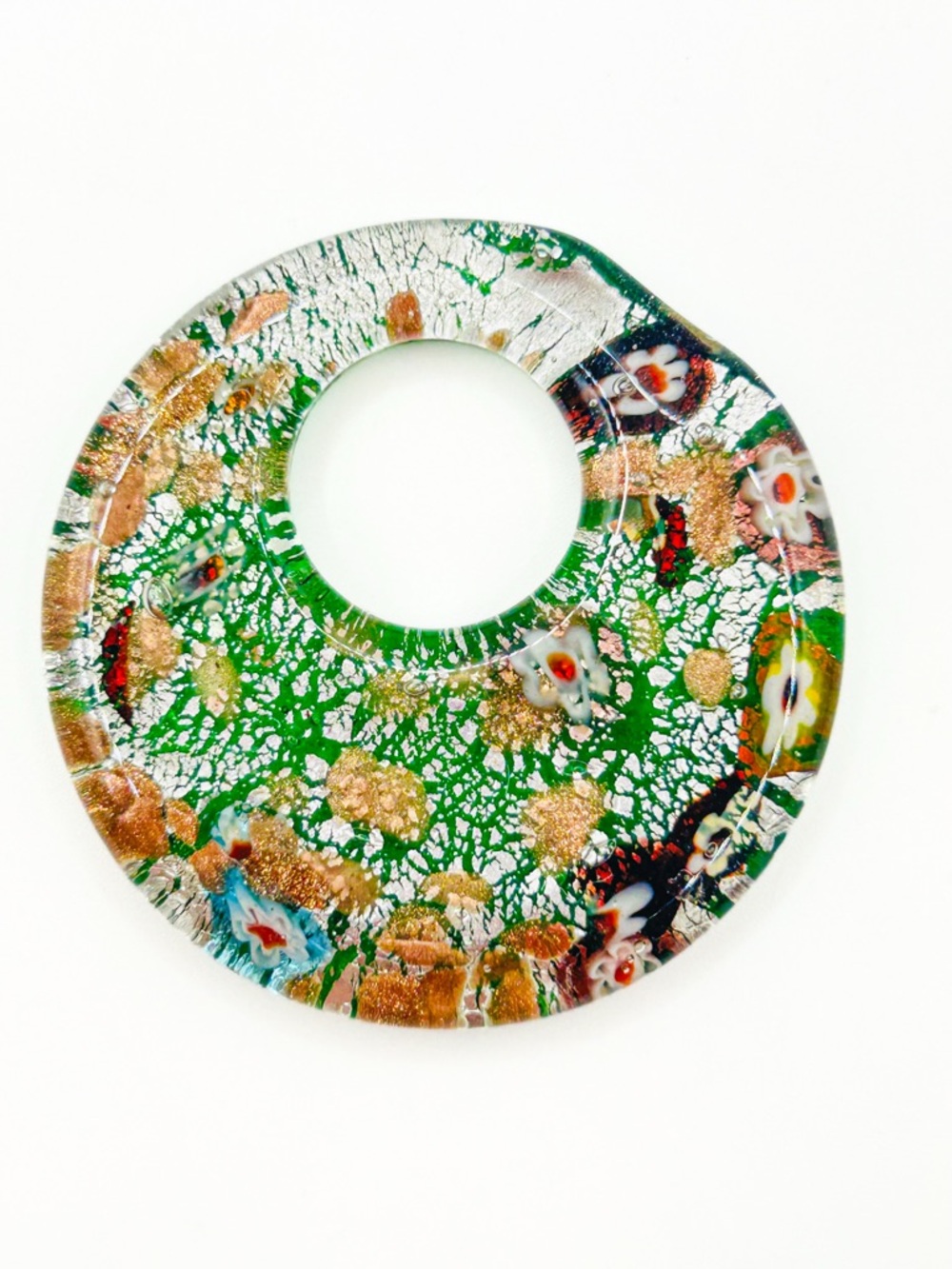 Round Glass Donut Pendant with Green, Gold & Floral Millefiori Accents